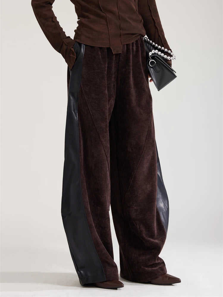 Vegan Leather Patchwork Relaxed Trousers - Coffee Brown & Black-SimpleModerne