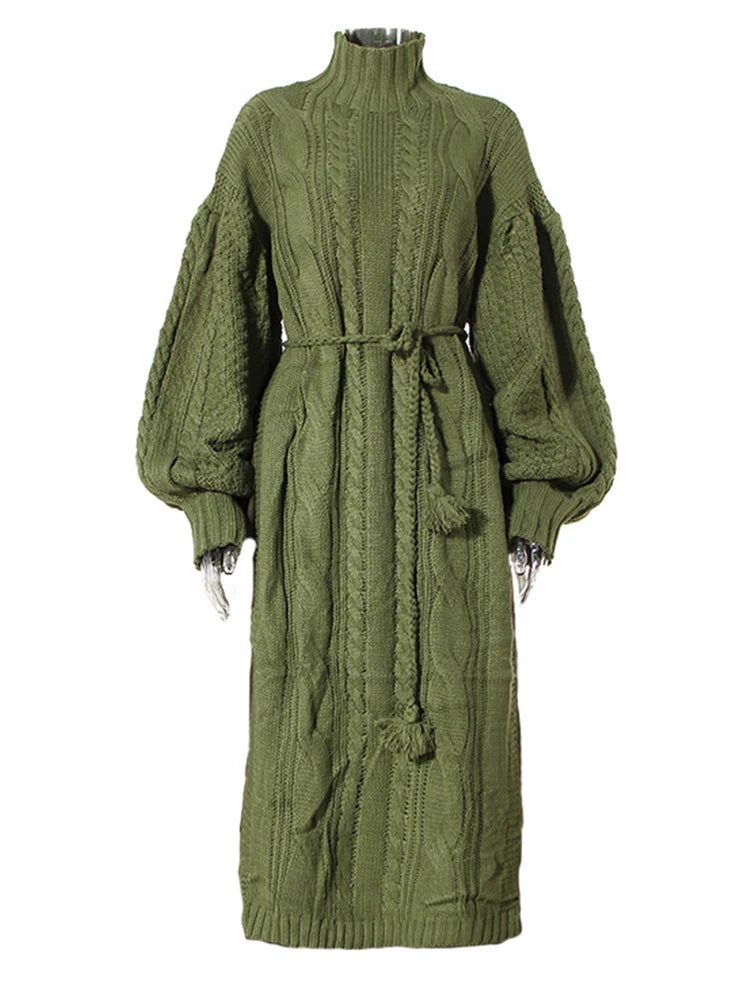 Olive Green Knitted Turtleneck Dress with Belt and Puffed Sleeves