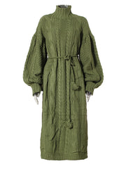 Olive Green Knitted Turtleneck Dress with Belt and Puffed Sleeves-SimpleModerne