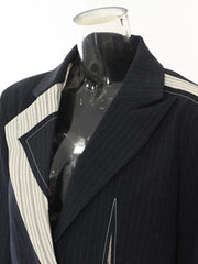 Asymmetrical Navy Blue Pinstripe Blazer with Contrast Panels-SimpleModerne