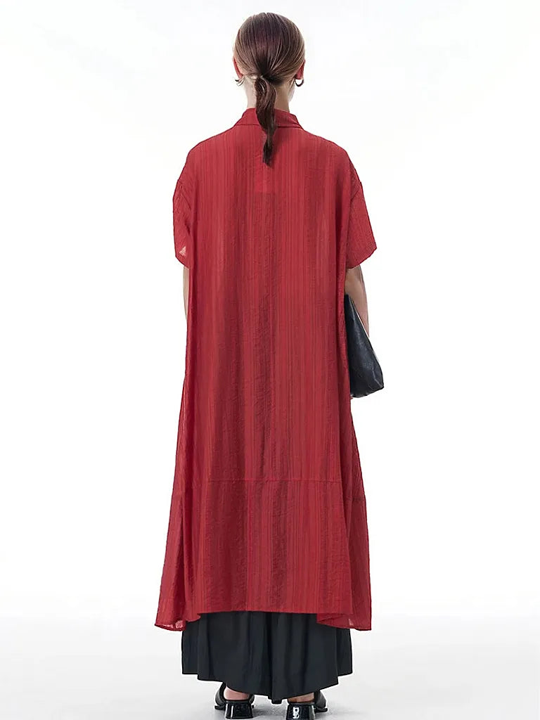 Elegant Red A-Line Button-Up Midi Dress with Flowy Design-SimpleModerne