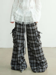 High-Waisted Plaid Trousers with Chic Drawstring Details-SimpleModerne