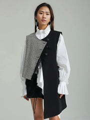 Asymmetrical Patchwork Vest with Fringe Decoration – Edgy Office Style-SimpleModerne