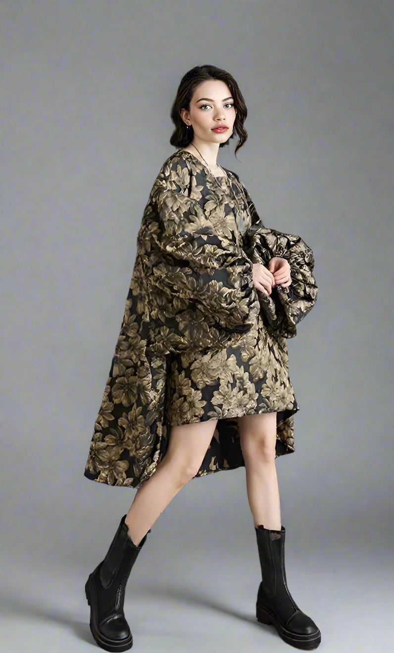 Baroque Floral Brocade Mini Dress with Dramatic Puffed Sleeves-SimpleModerne