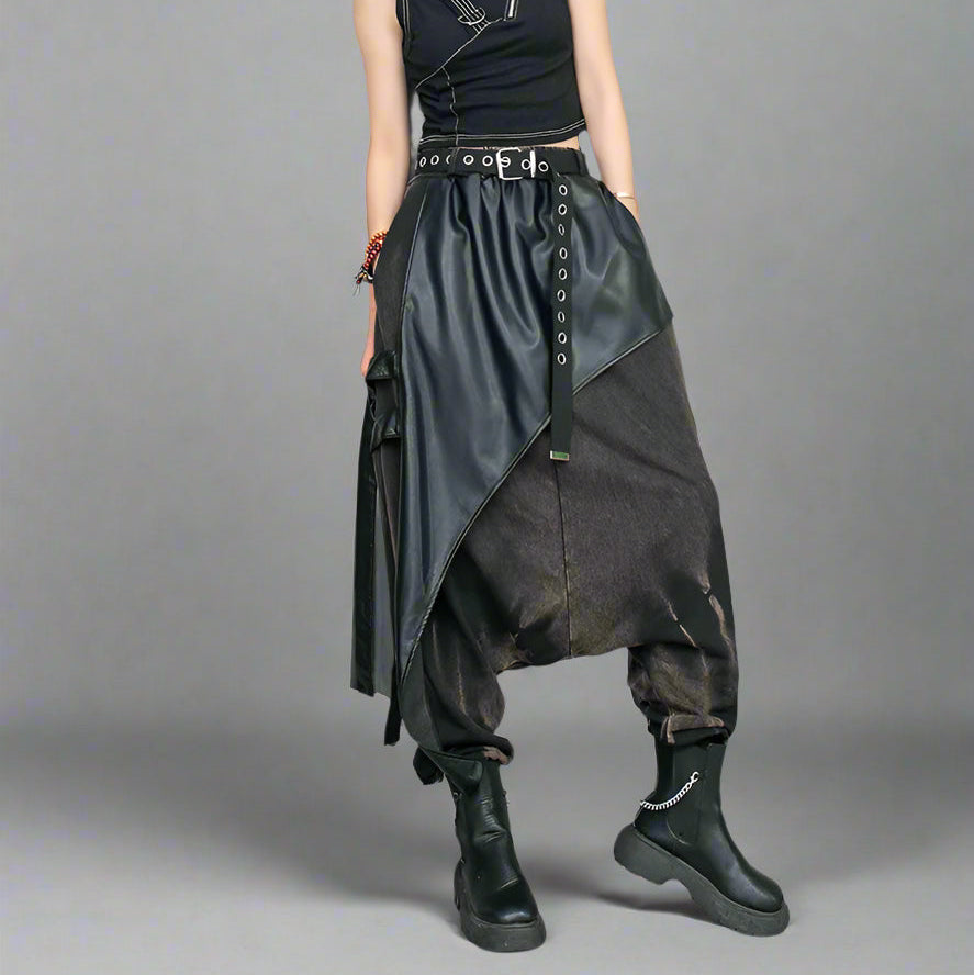 Punk-Inspired Trousers with Vegan Leather Overlay and Vintage Finish-SimpleModerne