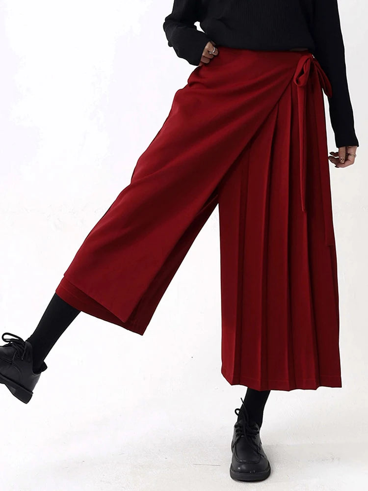 Asymmetrical Overlay Pleated Trousers – Red-SimpleModerne