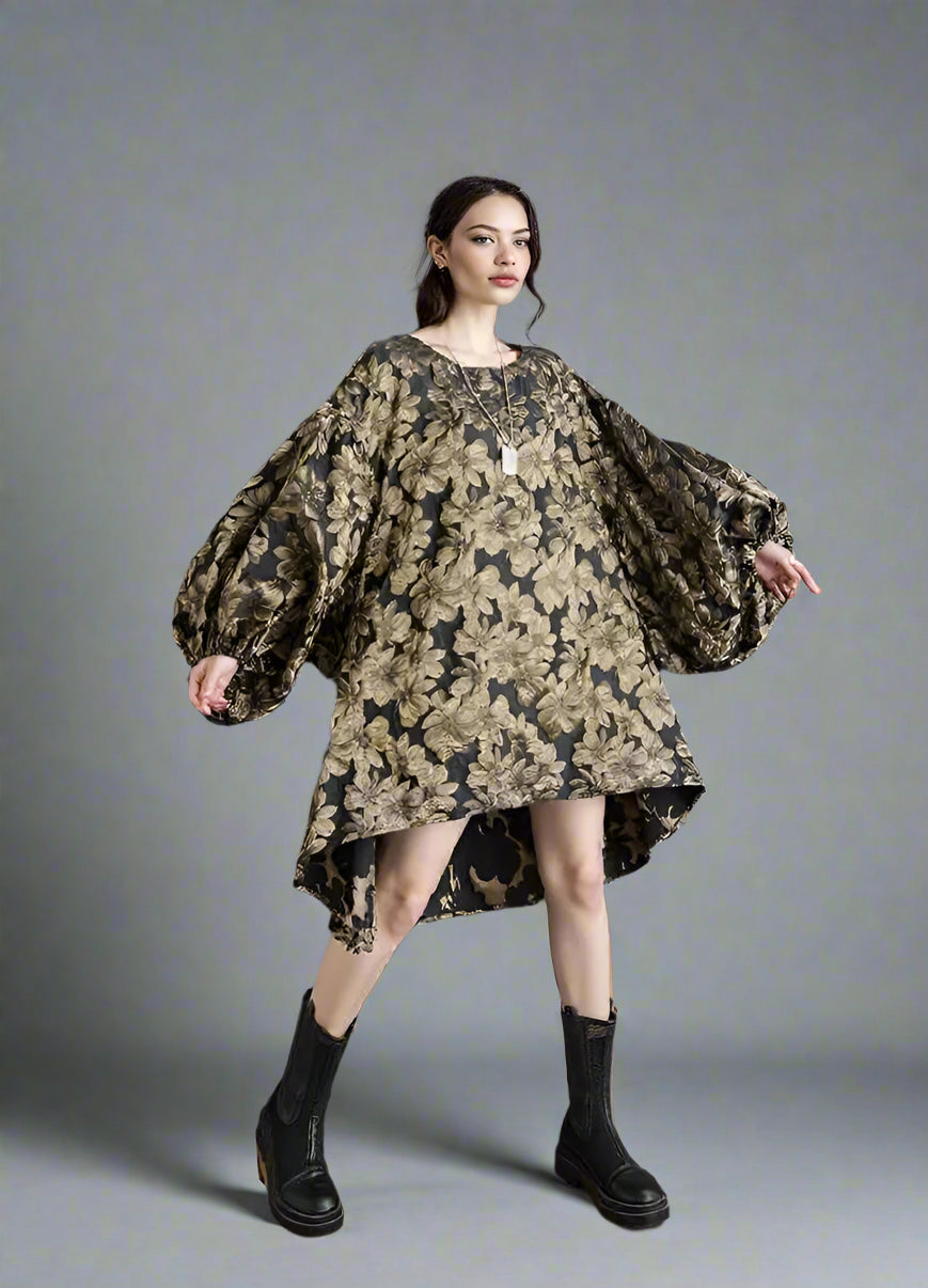 Baroque Floral Brocade Mini Dress with Dramatic Puffed Sleeves-SimpleModerne