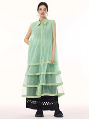 Layered Mesh Sleeveless Shirt-Dress – Available in White, Mint Green, and Black-SimpleModerne