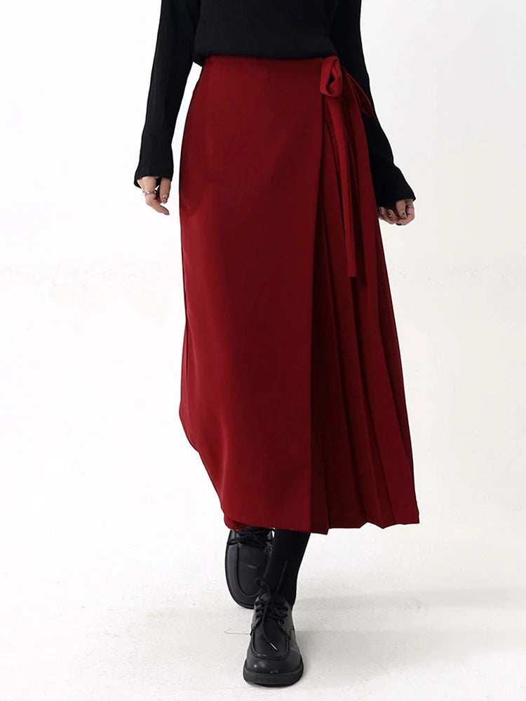 Asymmetrical Overlay Pleated Trousers – Red-SimpleModerne