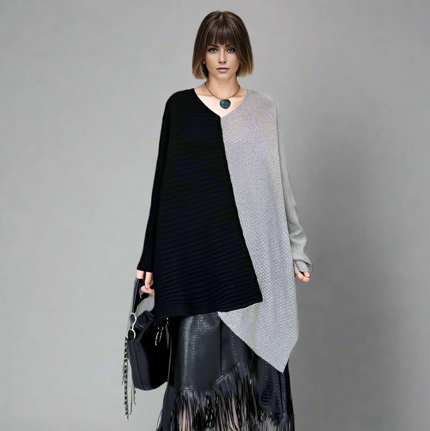 Color Block Oversized Knitted Pullover – Asymmetrical Black & Gray Design