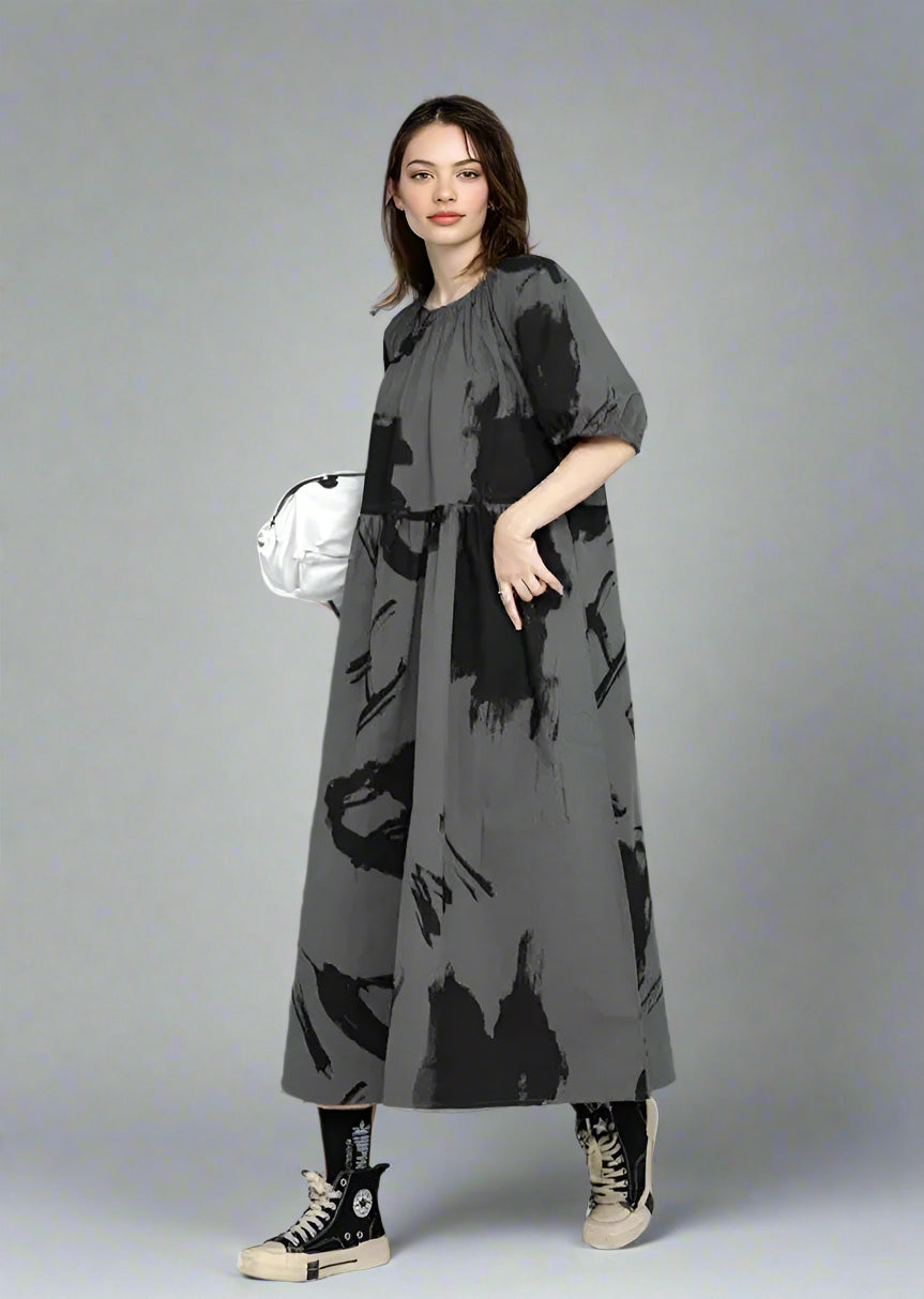 Charcoal Gray Bardot Punk Dress with Black Abstract Print