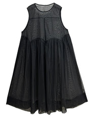 Elegant Black Chiffon Overlay Dress with Asymmetrical Hem and Sheer Mesh Design-SimpleModerne