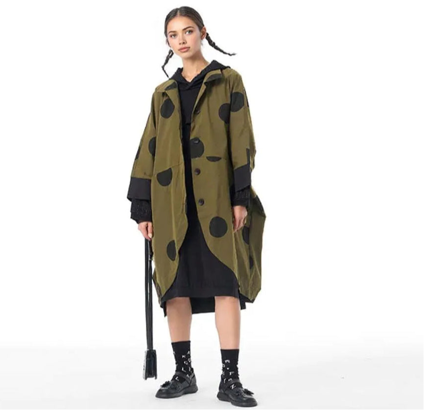 Oversized Olive Green Cocoon Polka Dot Coat with Tapered Hem and Bracelet-Length Sleeves-SimpleModerne