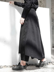 Heavy Cotton Layered Trousers with Wrap Skirt Overlay – Minimal Goth Utility Pants-SimpleModerne