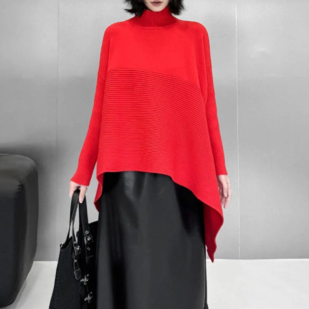 Knitted Asymmetrical Pullover with Turtleneck – Classic Black & Bold Red-SimpleModerne