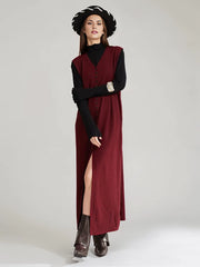 Wine Red Knitted Belted Longline Vest – Sophisticated Layering Essential-SimpleModerne