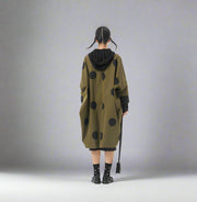 Oversized Olive Green Cocoon Polka Dot Coat with Tapered Hem and Bracelet-Length Sleeves-SimpleModerne