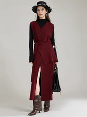 Wine Red Knitted Belted Longline Vest – Sophisticated Layering Essential-SimpleModerne