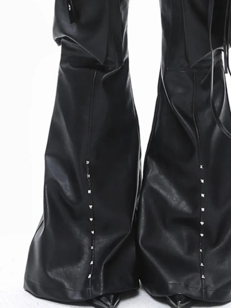 Casual Minimal Goth Eco Leather Trousers with Rivets-SimpleModerne