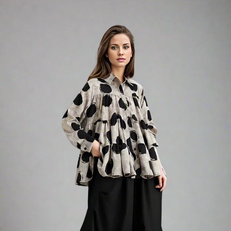 Oversized Polka Dot Smock Shirt with Lantern Sleeves & Ruffled Hemline-SimpleModerne