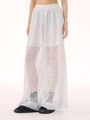 White Sheer Mesh Wide-Leg Trousers-SimpleModerne