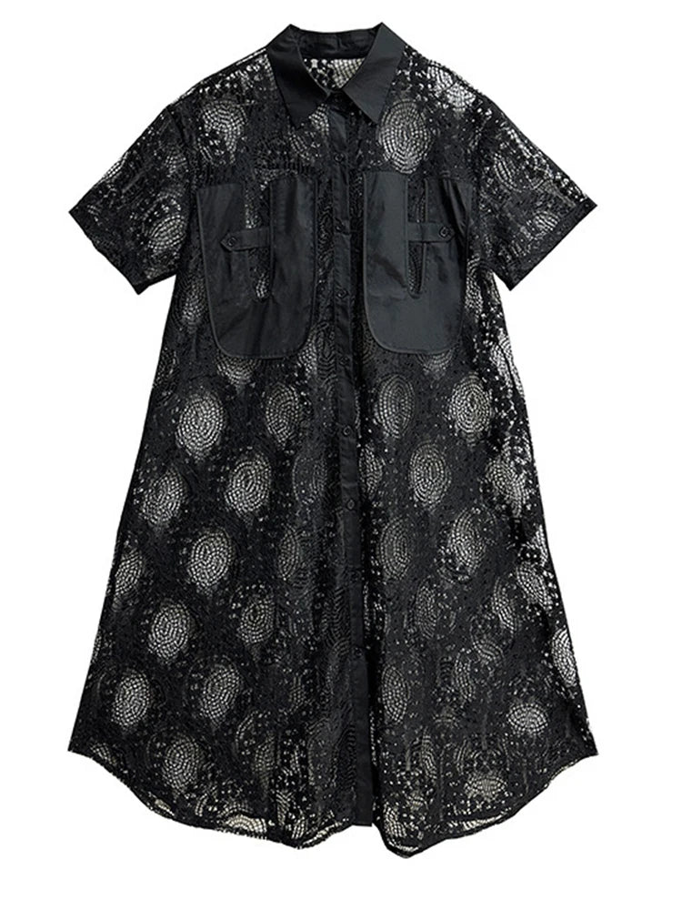 Gothic Style Black Lace See-Through Shirt Dress with Button Closure-SimpleModerne