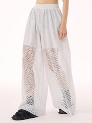 White Sheer Mesh Wide-Leg Trousers-SimpleModerne