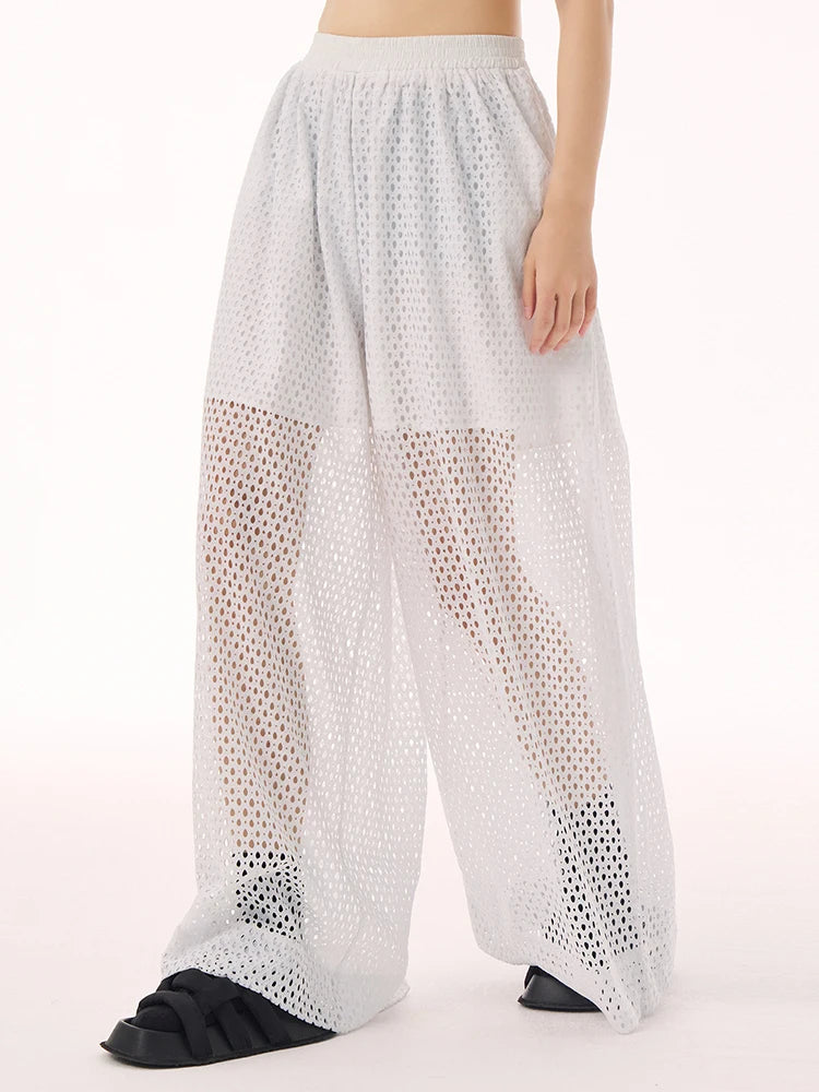 White Sheer Mesh Wide-Leg Trousers-SimpleModerne