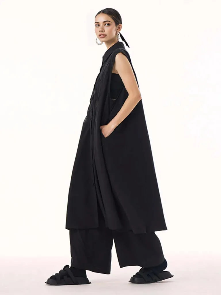 Edgy Sleeveless Shirt Dress with Chiffon Inserts and Button Closure-SimpleModerne