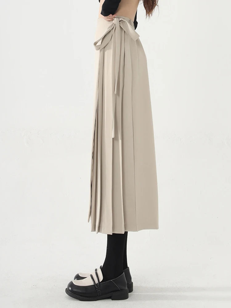 Apricot Beige Skirt-Pant Hybrid with Pleated Overlay – Sophisticated and Unique Mid-Calf Design-SimpleModerne