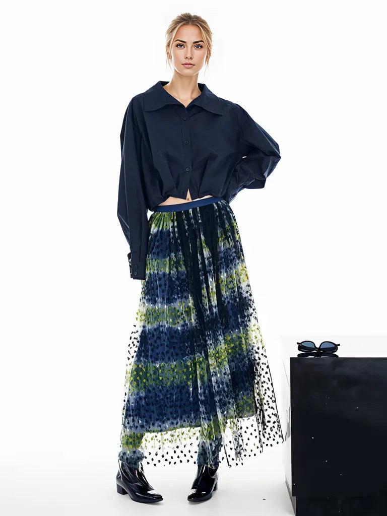 Simple Moderne Gauze High Elastic Waist Blue Green Skirt