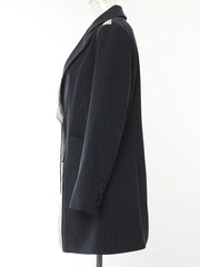 Asymmetrical Navy Blue Pinstripe Blazer with Contrast Panels-SimpleModerne