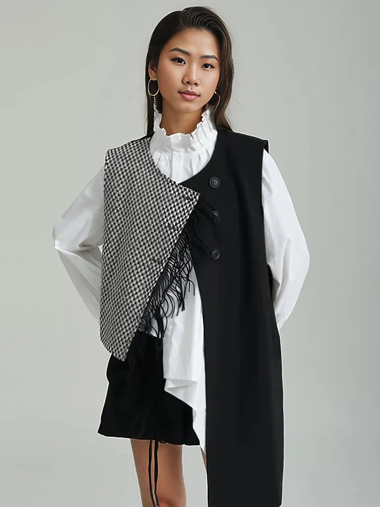 Asymmetrical Patchwork Vest with Fringe Decoration – Edgy Office Style-SimpleModerne
