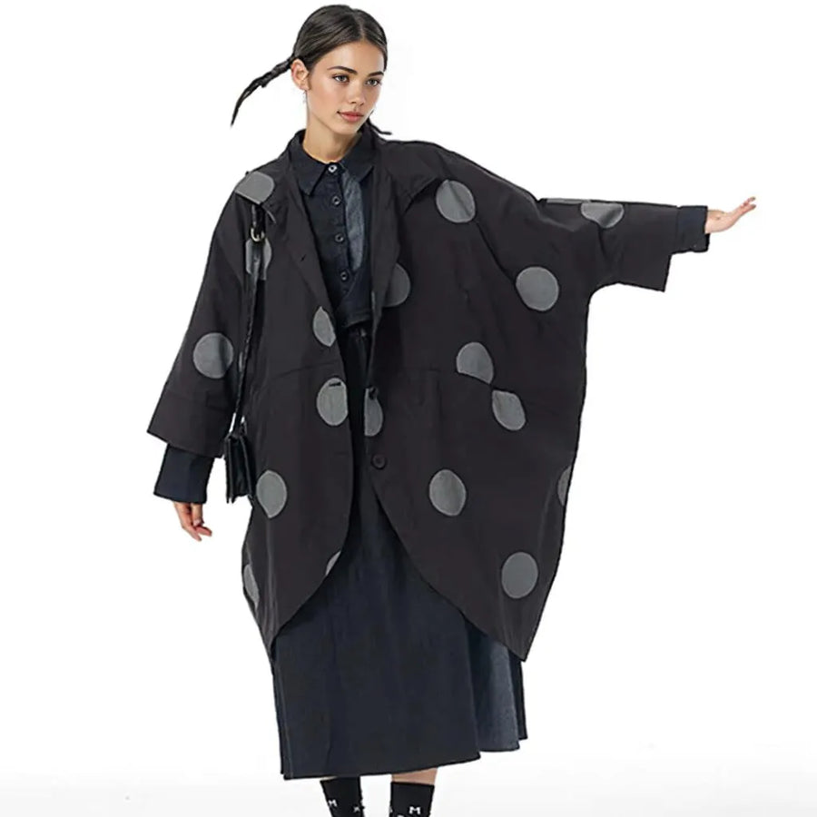 Oversized Cocoon Polka Dot Jacket with Bracelet-Length Sleeves and Tapered Hemline-SimpleModerne