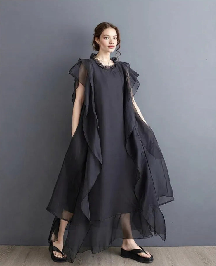 Black Flowing Sleeveless Chiffon Maxi Dress with Layered Ruffles-SimpleModerne