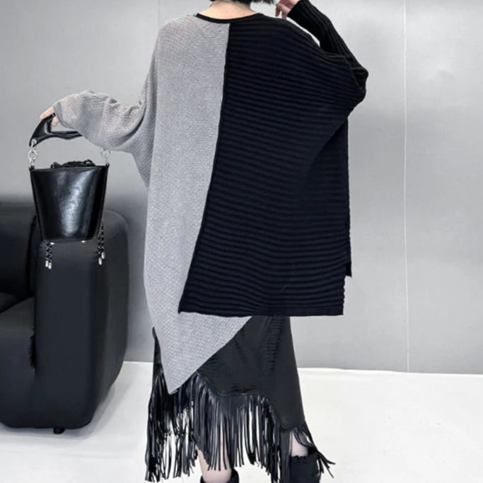 Color Block Oversized Knitted Pullover – Asymmetrical Black & Gray Design-SimpleModerne