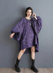 Purple Floral Lantern Sleeve Asymmetrical Dress - Elegant Winter-Ready Design-SimpleModerne