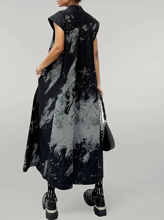 Gothic Sleeveless Tie-Dye Print Dress with Mandarin Collar-SimpleModerne