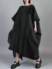 Urban Oversized Black Maxi Dress with Tulle Insert and 3D Textured Fabric-SimpleModerne