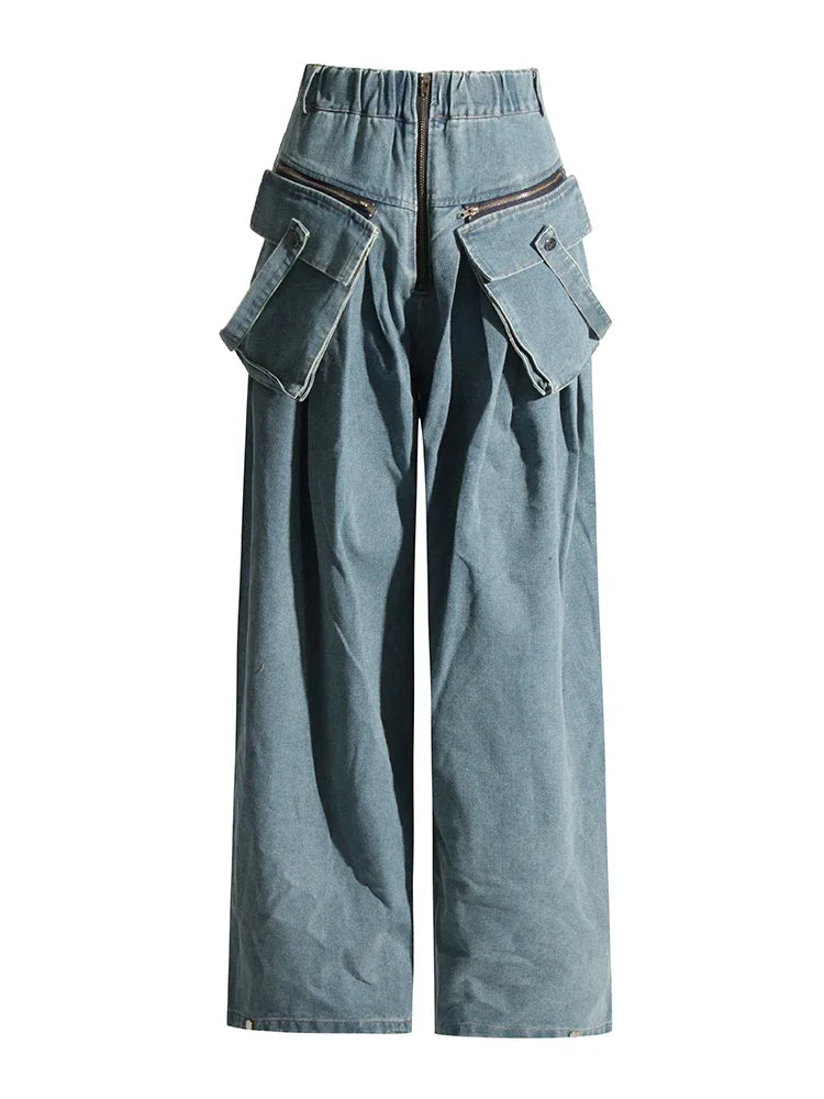 Vintage Wide-Leg Maxi Pocket Blue Jeans with Zipper Closure