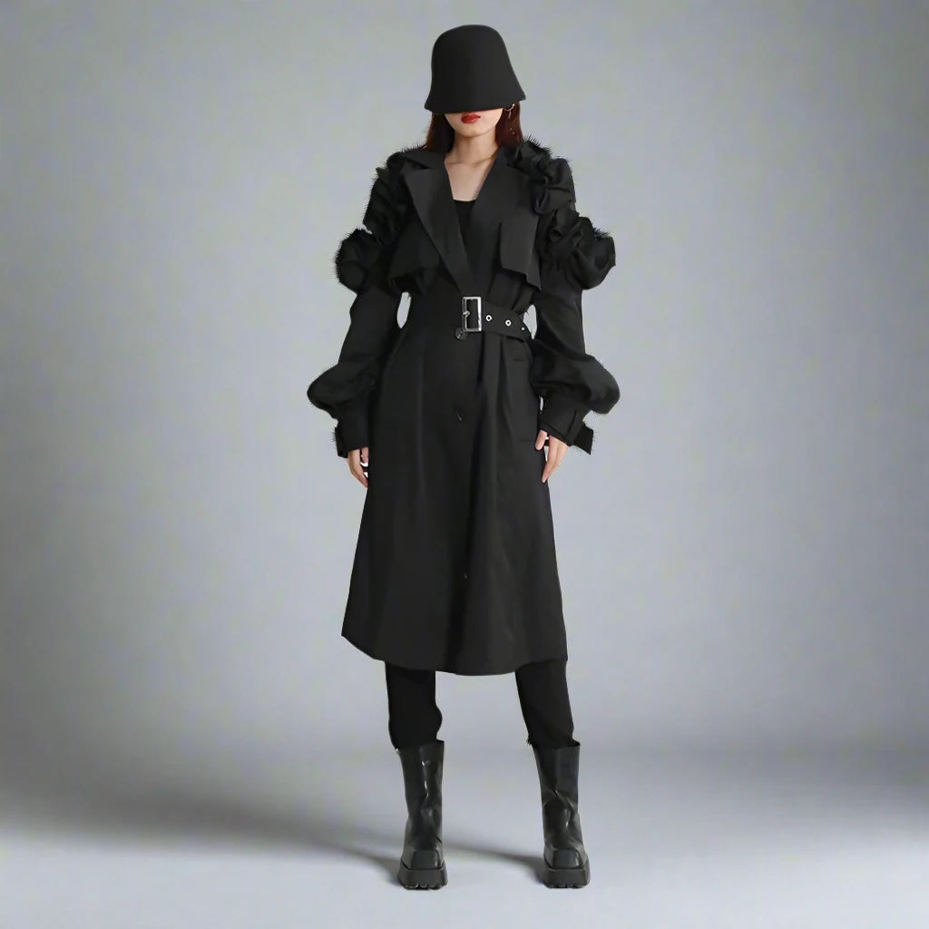 Jazz Up Ruffled Sleeve Black Trench Coat-SimpleModerne