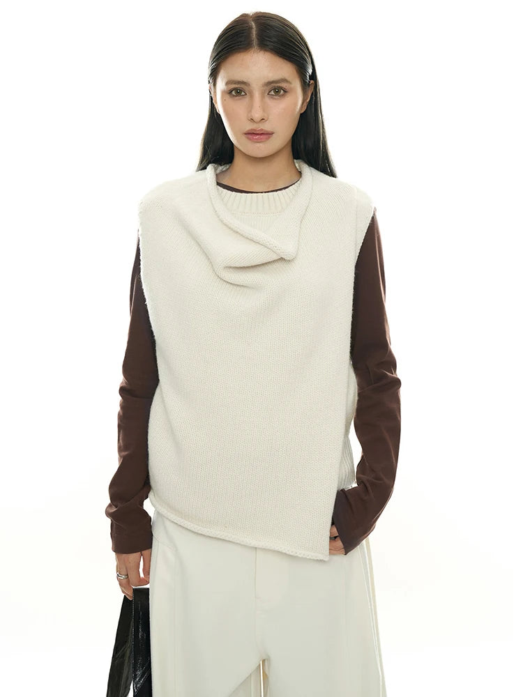 Layered Sleeveless Sweater with Draped Neckline - Cream White & Black-SimpleModerne