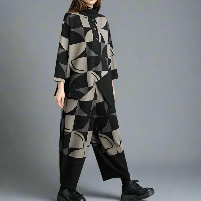 Oversized Geometric Print Two-Piece Set – Relaxed Fit Knit Lounge Wear-SimpleModerne