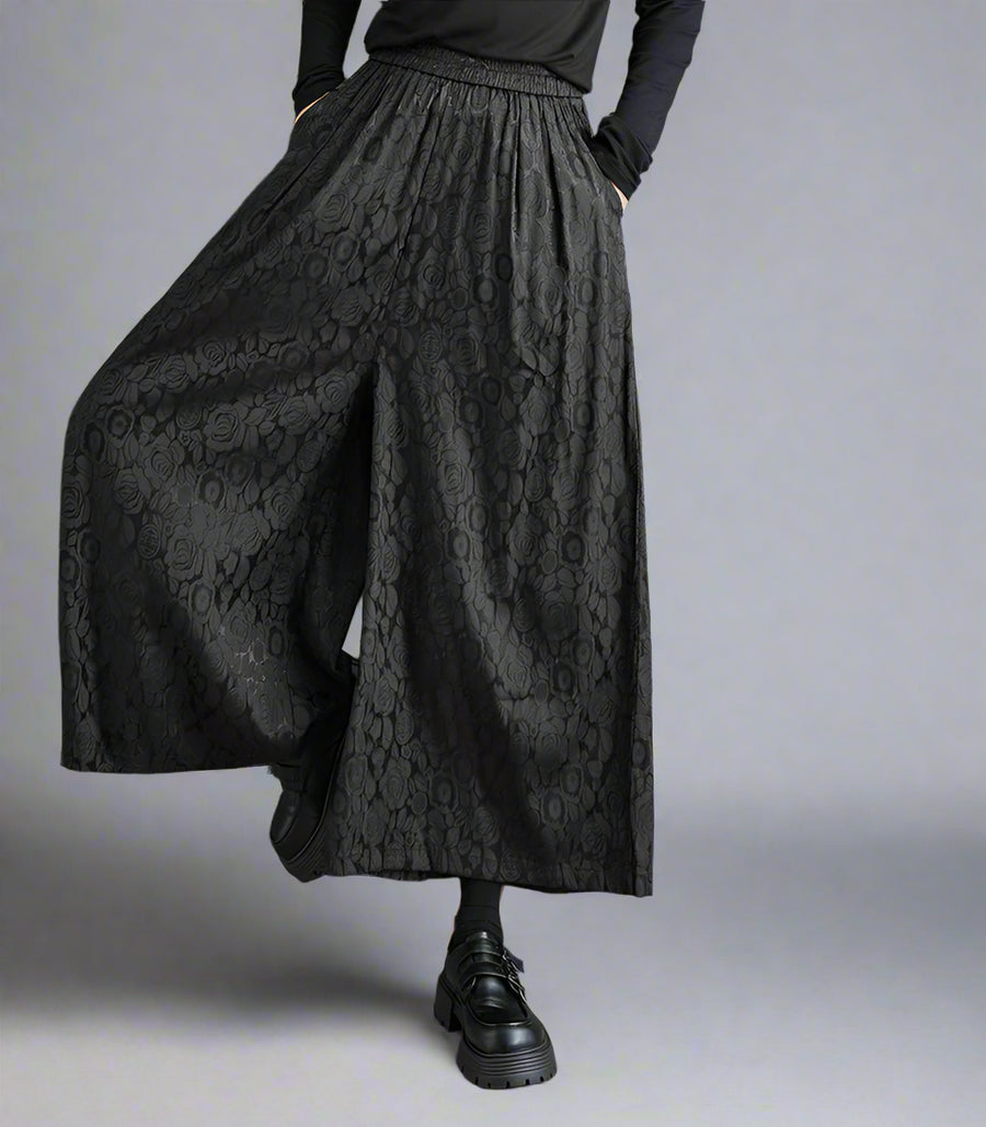 lack Jacquard Wide-Leg Ankle-Length Pants with Elastic Waist - Gothic Floral Pattern-SimpleModerne