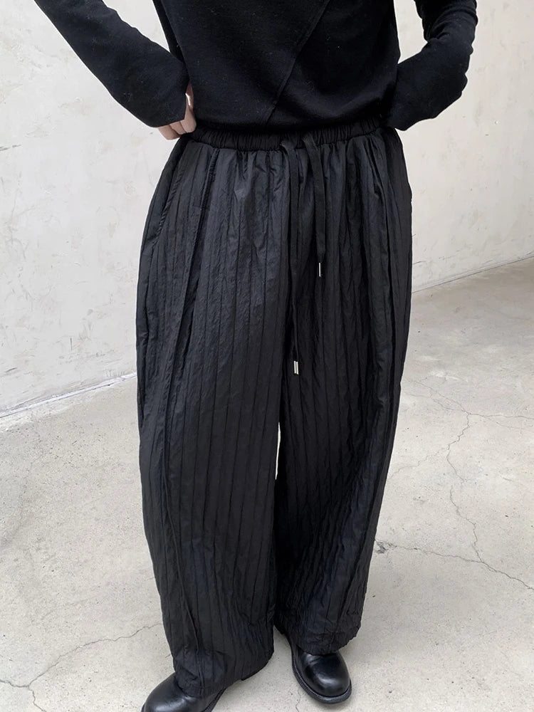 Textured Ruffled Wide-Leg Winter Trousers | Elastic Waist, Warm Cotton-Padded, Capri Length-SimpleModerne