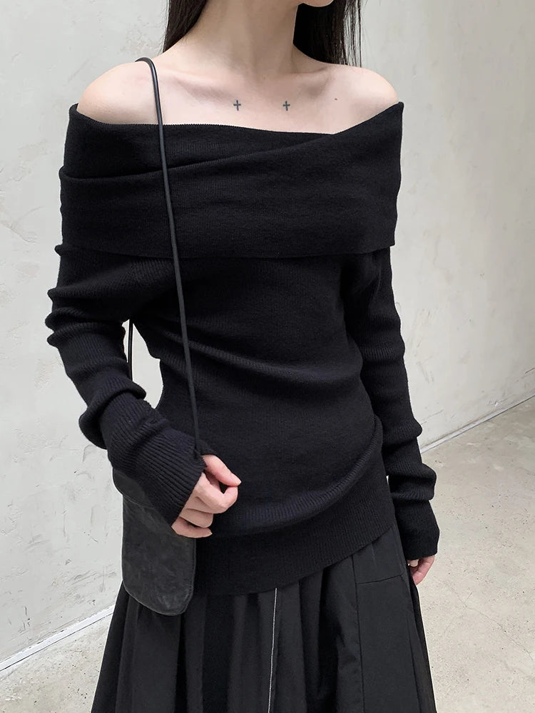 Casual Minimal Goth Bardot Style Knitted Pullover-SimpleModerne