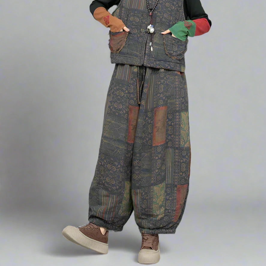 Cotton Padded Vintage Patchwork Trousers-SimpleModerne