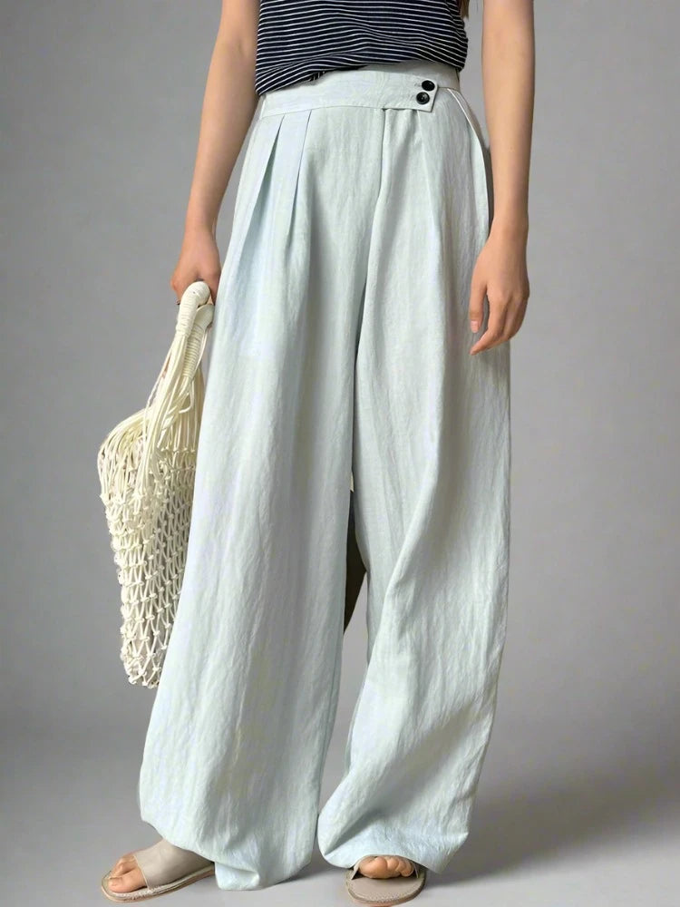 Elegant Pastel Blue Wide-Leg Linen Trousers with Asymmetrical Waist-SimpleModerne