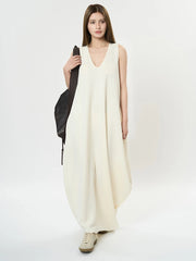 Maxi Potato Bag Dress with Deep V-Neckline - Beige-SimpleModerne