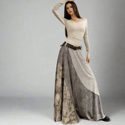 Vintage Patchwork Belted Maxi Dress - Soft Beige & Smoky Gray-SimpleModerne